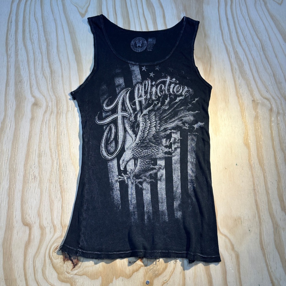 Affliction Womens XL Black American Customs Eagle Flag Graphic Ribbed Tank Top